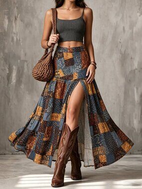 Multicolor Boho Women's High Slit Long Skirt